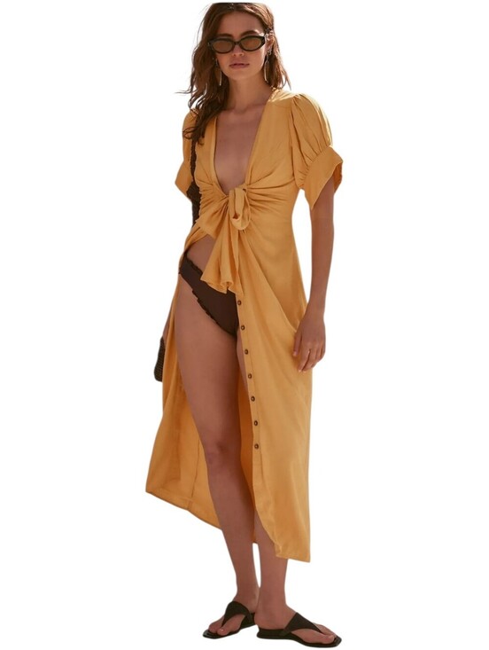 Free People Dresses & Skirts - Free People Vintage Summer Mustard Yellow Tie-Front Midi Dress